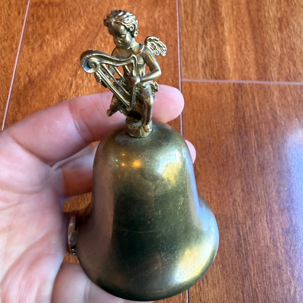 Vintage Brass Hand Bell Cherub Playing Mandolin Figurine 4” Bell Art Nouveau.